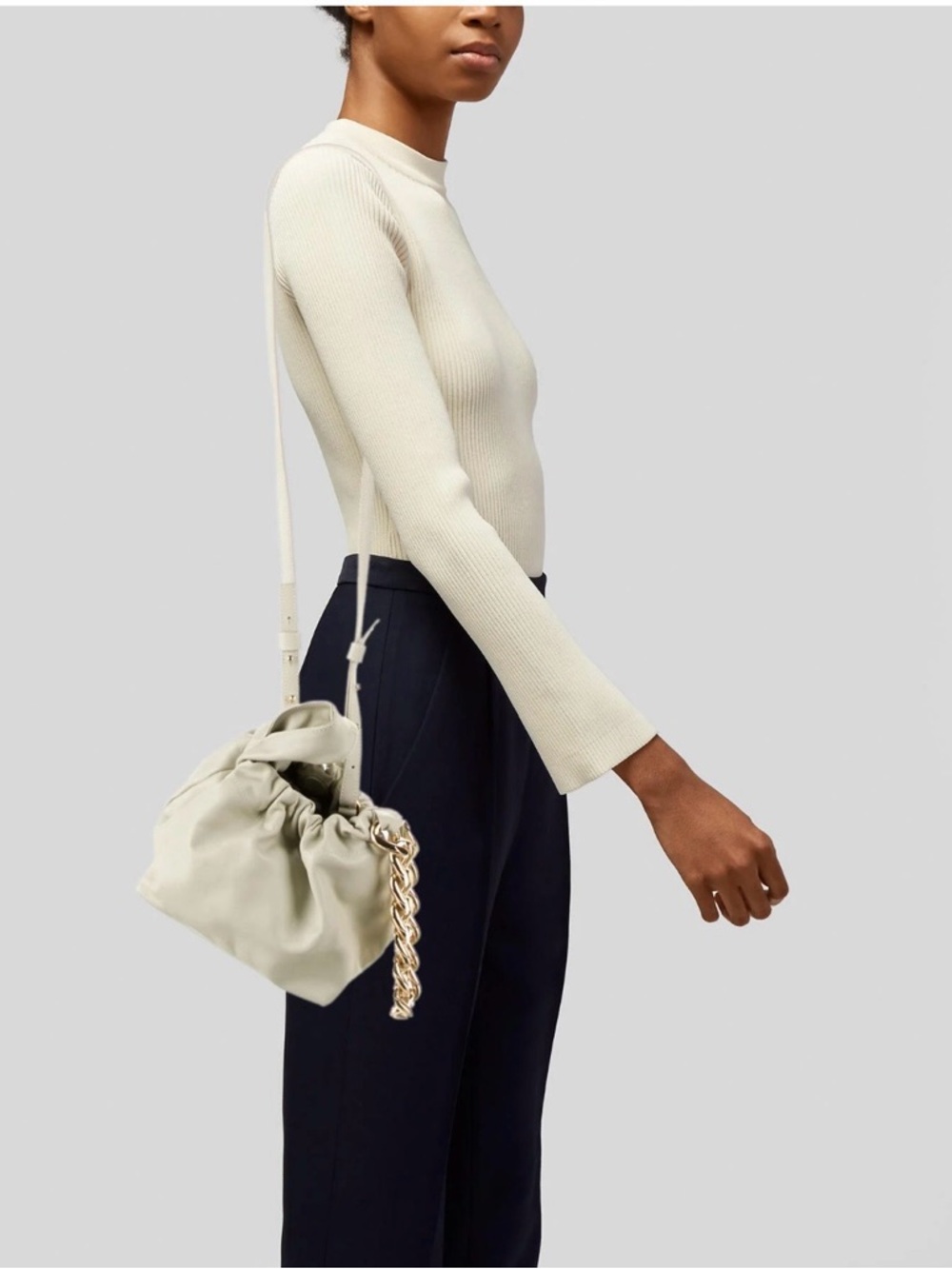 DeMellier Women's Cream Drawstring Shoulder Bag with Chain Accent - off white